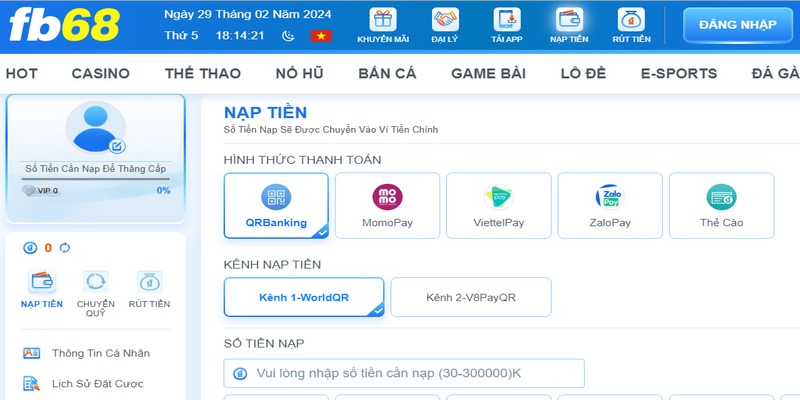 Bet thủ thực hiện nạp tiền vào ví tài khoản để tham gia cá cược