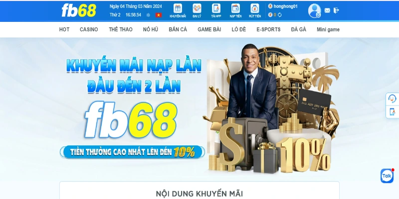 Nạp tiền lần đầu và lần hai vào tài khoản tại FB68 sẽ có cơ hội nhận thưởng lớn
