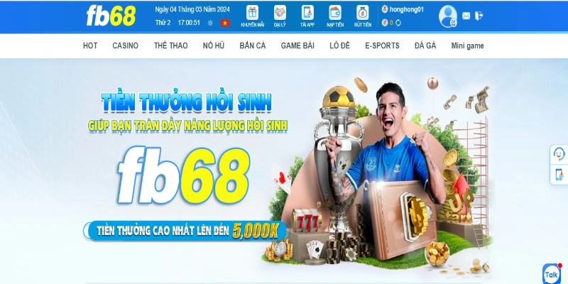 Chương trình khuyến mãi FB68 "Tiền thưởng hồi sinh" với giá trị lên đến 5.000K