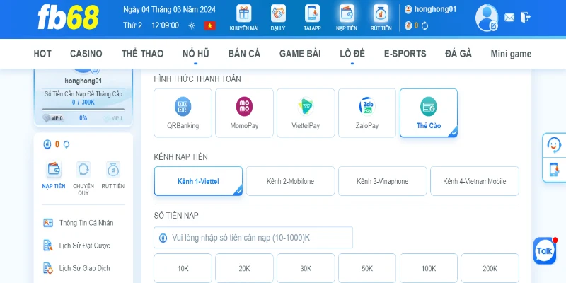 Nạp tiền FB68 qua thẻ cào điện thoại được nhiều người chơi sử dụng